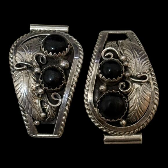 Vintage Native Signed Onyx Sterling Watch Tips - Picture 1 of 4